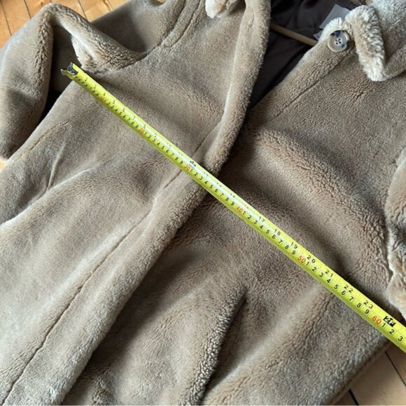 H&M Sz M Tan Brown Long Relaxed Button Front Faux Fur Coat - Picture 14 of 15